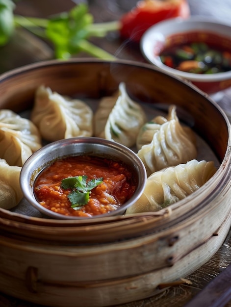 Nepalese momo dumplings freshly steamed and served with a vibrant tomatobased dipping sauce These savory Tibetaninspired treats offer a delectable taste of Nepali culinary heritage