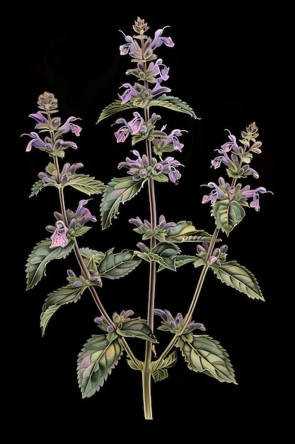 Nepeta spp Catmint Botanical Illustrations Collage in Black Background