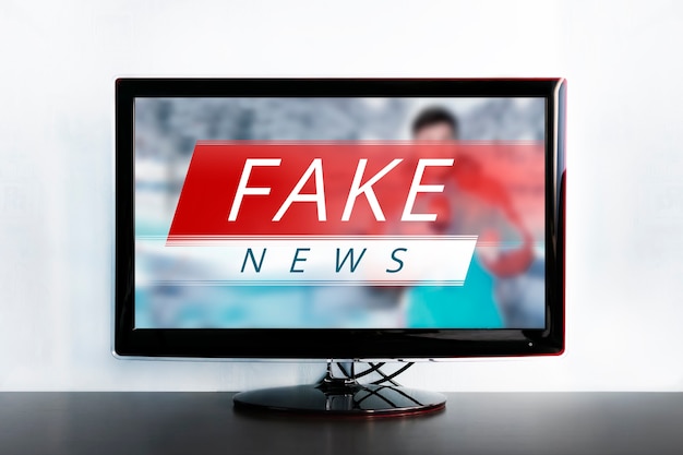 Nepnieuws op het tv-scherm, HOAX-concept. Nieuwsbericht met vals nieuws. De waarheid verkeerd weergegeven in het nieuws op een moderne tv. Zombie-tv. Misleiding van kijkers. Corrupte journalistiek. Agitatie en propaganda