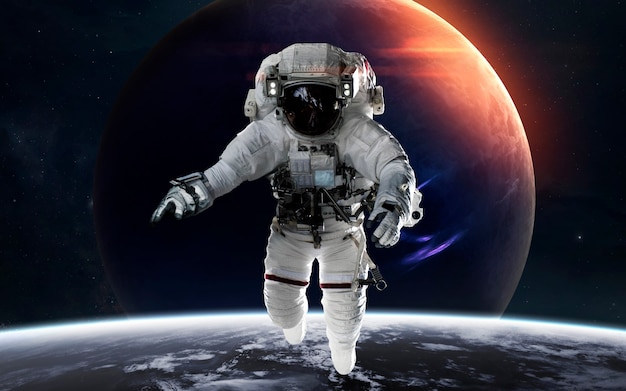 neptune with astronaut in front of planet. solar system. elements of this image furnished by nasa