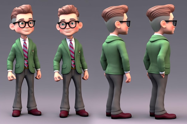 Nerd cartoon personage met een bril en een groen jasje
