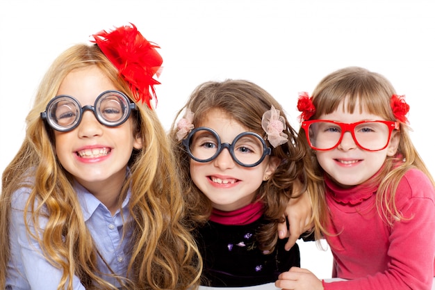 nerd children girl group with funny glasses