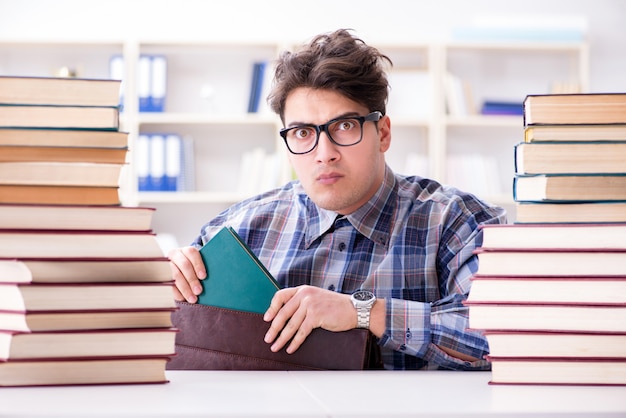 Nerd funny student preparing for university exams