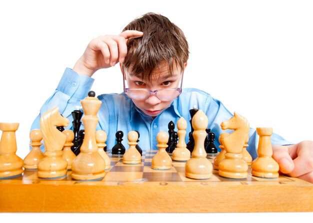 Nerd play chess on a white background