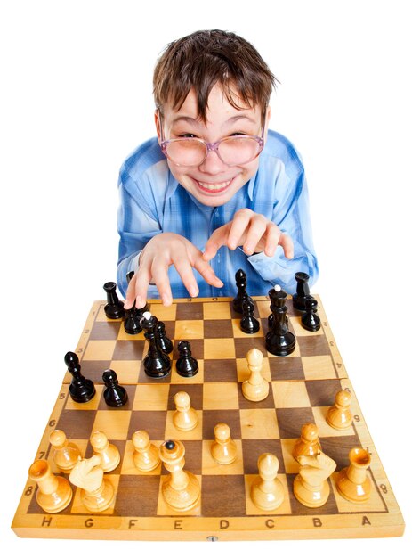 Photo nerd play chess on a white background