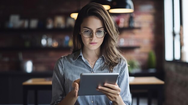 Nerd serieus hipster meisje in ronde bril surfen op internet op touchpad digitale tablet scroll