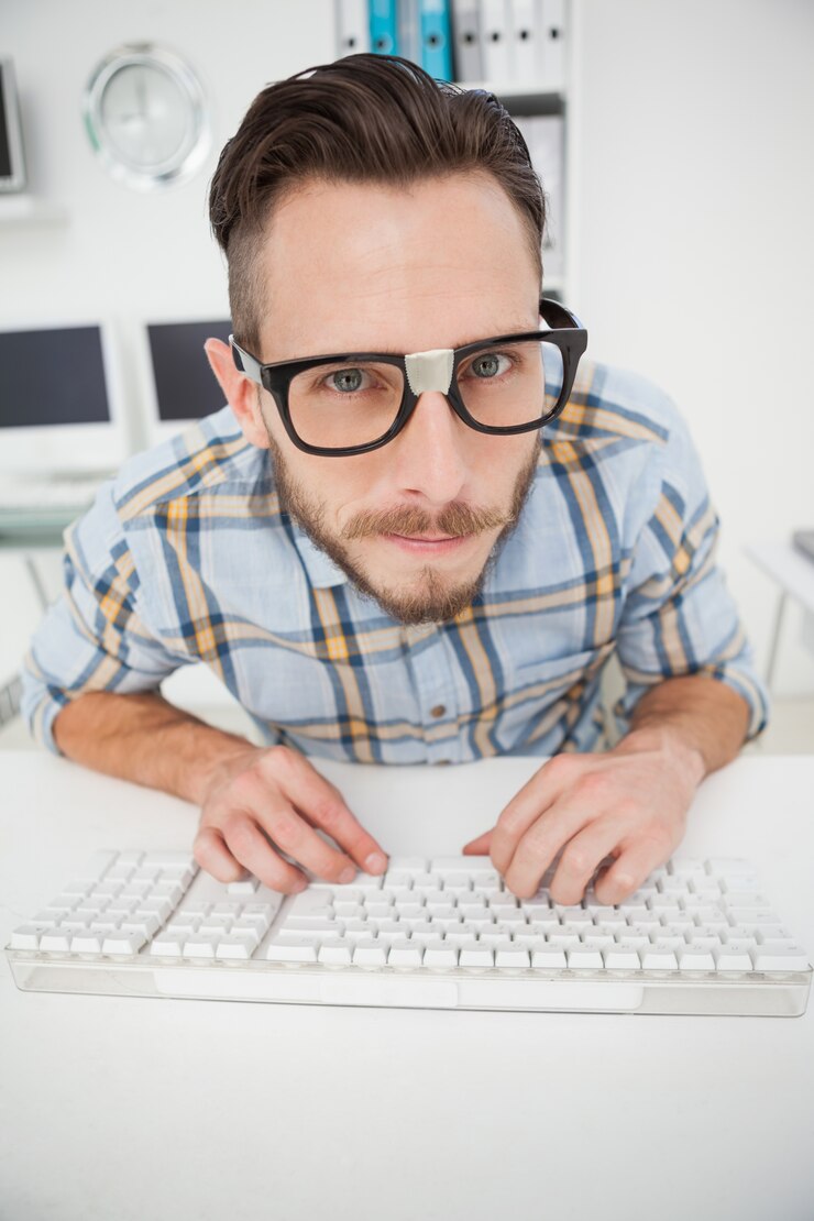 Photo nerdy businessman working on computer