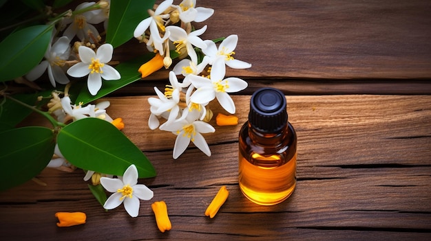 Neroli essential oil with flowers on a wooden background