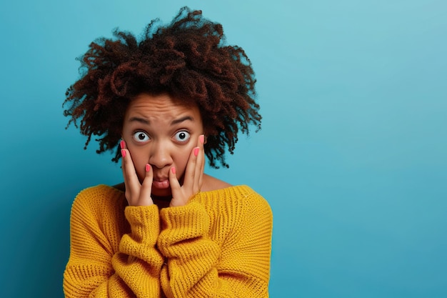 Nervos Afro-Amerikaans tienermeisje en nagels bijten in de studio met oops reactie op roddels op blauwe achtergrond Fout sorry drama of geheim met spijt schaamte of ongemakkelijk