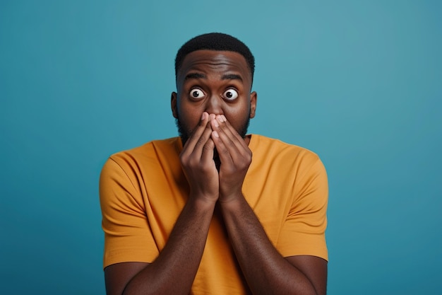 Nervos Afro-Amerikaanse man en nagels bijten in de studio met oops reactie op roddels op blauwe achtergrond fout sorry nep nieuws drama of geheim met spijt schaamte of ongemakkelijk