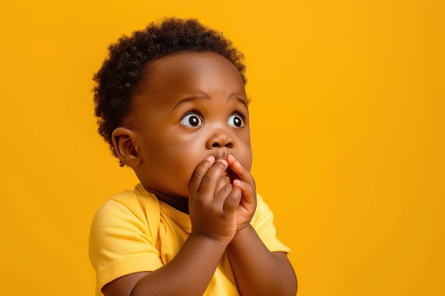 Nervous African American baby boy and biting nails in studio with oops reaction on yellow background