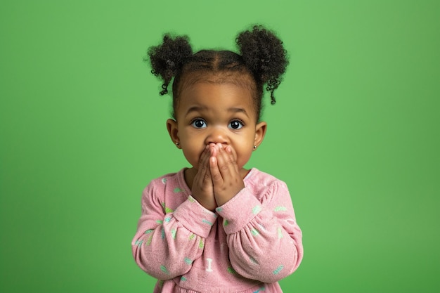 Nervous African American baby girl and biting nails in studio with oops reaction on green background