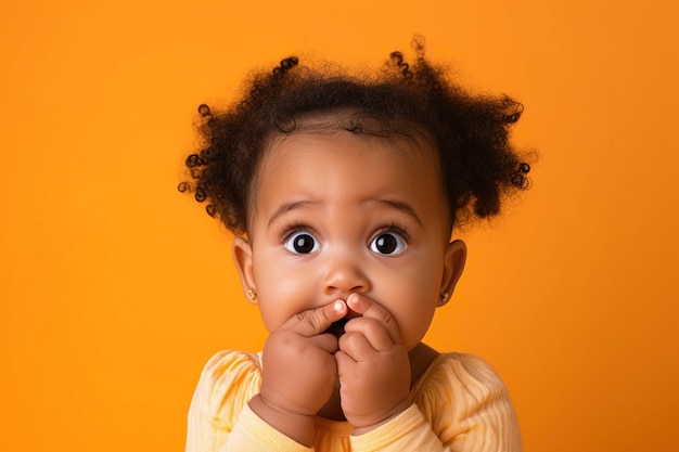 Nervous African American baby girl and biting nails in studio with oops reaction on orange background