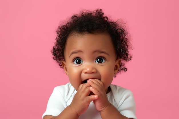 Nervous African American baby girl and biting nails in studio with oops reaction on pink background