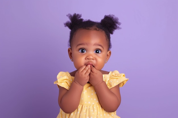 긴장한 아프리카계 미국인 아기 소녀와 스튜디오에서 손을 는 보라색 배경에 oops 반응