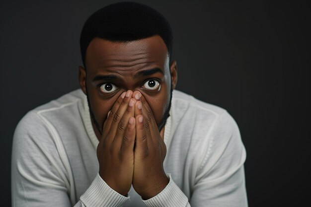 Nervous African American man and biting nails in studio with oops reaction to gossip on black background