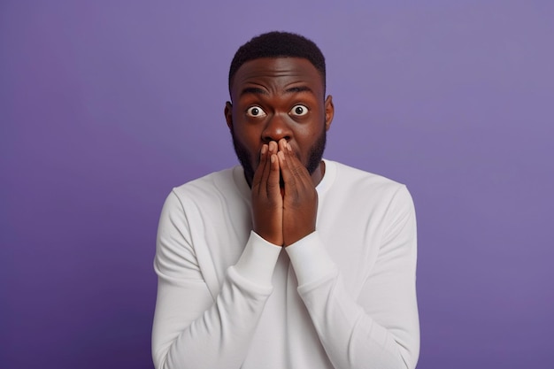 Nervous African American man and biting nails in studio with oops reaction to gossip on pink background Mistake sorry fake news drama or secret with regret shame or awkward