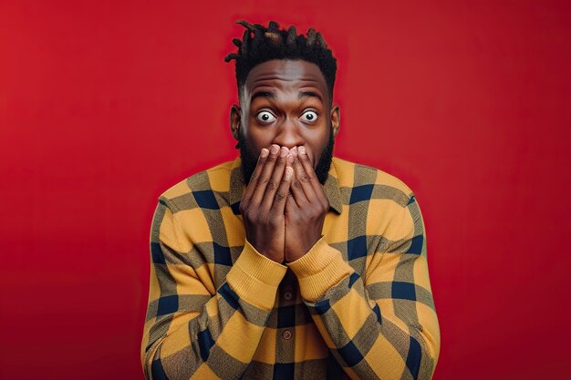 Nervous African American man and biting nails in studio with oops reaction to gossip on red background Mistake sorry and male overwhelmed by fake news drama or secret with regret shame or awkward