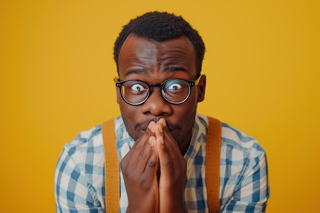 Nervous African American man and biting nails in studio with oops reaction to gossip on yellow background Mistake sorry fake news drama or secret with regret shame or awkward