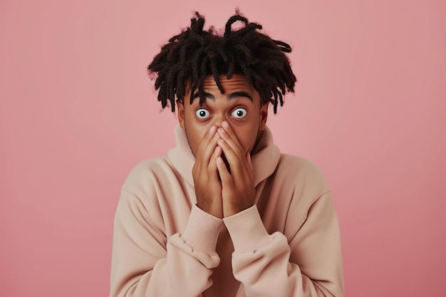 Nervous African American teenage boy and biting nails in studio with oops reaction to gossip on pink background Mistake sorry drama or secret with regret shame or awkward