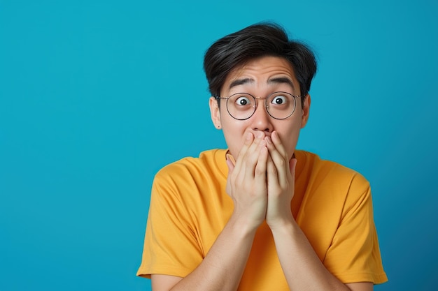 사진 nervous asian man and biting nails in studio with oops reaction to gossip on blue background mistake sorry and male overwhelmed by fake news drama or secret with regret shame or awkward