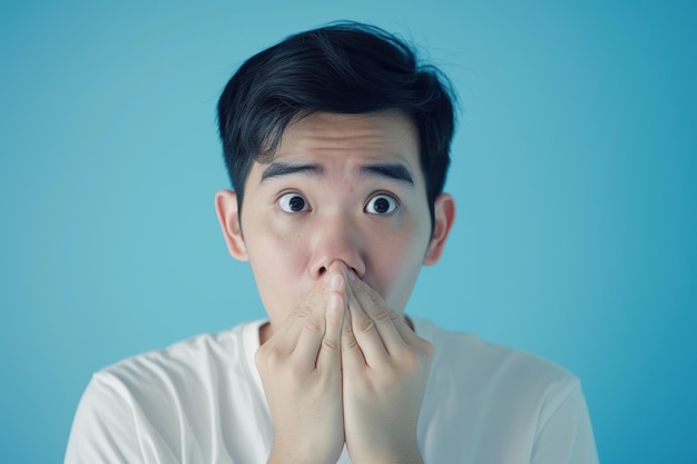 Nervous Asian man and biting nails in studio with oops reaction to gossip on blue background Mistake sorry and male overwhelmed by fake news drama or secret with regret shame or awkward