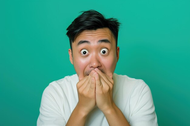 Photo nervous asian man and biting nails in studio with oops reaction to gossip on green background