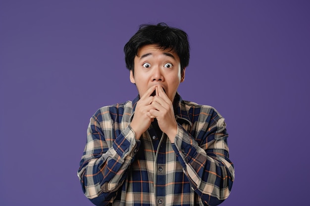 Nervous Asian man and biting nails in studio with oops reaction to gossip on purple background Mistake sorry and male overwhelmed by fake news drama or secret with regret shame or awkward
