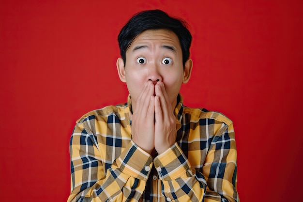 Photo nervous asian man and biting nails in studio with oops reaction to gossip on purple background