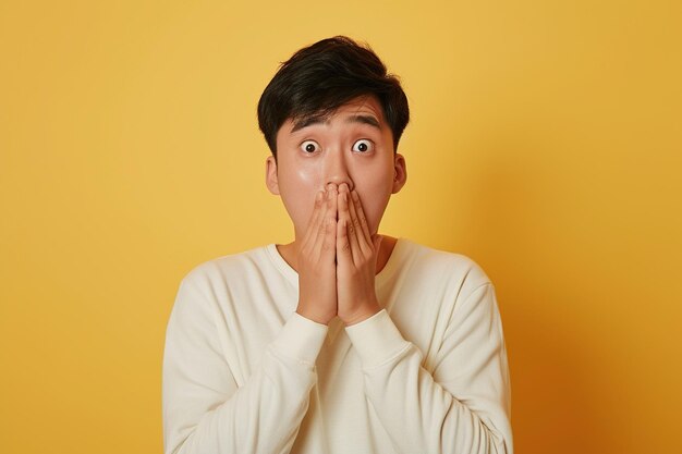 Photo nervous asian man and biting nails in studio with oops reaction to gossip on yellow background mistake sorry and male overwhelmed by fake news drama or secret with regret shame or awkward