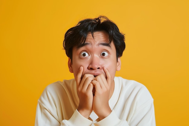 Nervous Asian man and biting nails in studio with oops reaction to gossip on Yellow background Mistake sorry and male overwhelmed by fake news drama or secret with regret shame or awkward