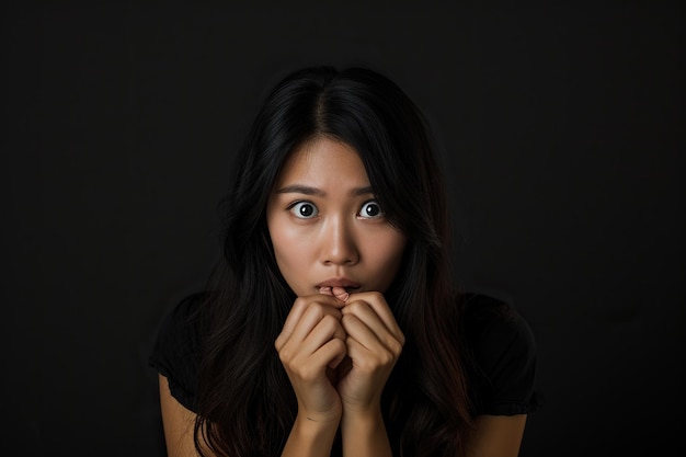 Nervous Asian woman and biting nails in studio with oops reaction to gossip on black background Mistake sorry and female overwhelmed by fake news drama or secret with regret shame or awkward