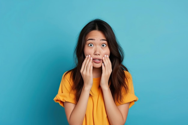 Nervous Asian woman and biting nails in studio with oops reaction to gossip on blue background Mistake sorry and female overwhelmed by fake news drama or secret with regret shame or awkward