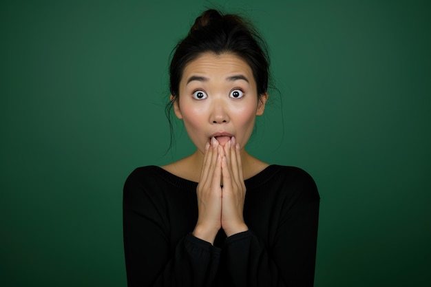 Nervous Asian woman and biting nails in studio with oops reaction to gossip on green background Mistake sorry and female overwhelmed by fake news drama or secret with regret shame or awkward