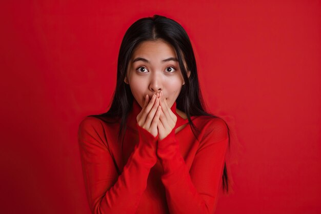 Photo nervous asian woman and biting nails in studio with oops reaction to gossip on red background mistake sorry and female overwhelmed by fake news drama or secret with regret shame or awkward