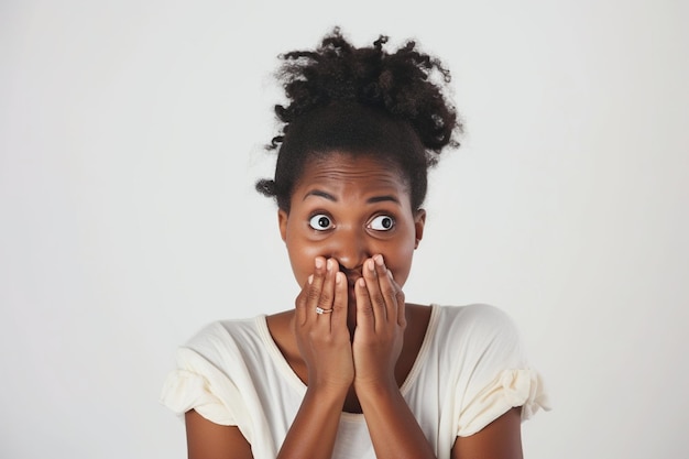 Nervous black woman and biting nails in studio with oops reaction to gossip on white background Mistake sorry and female overwhelmed by fake news drama or secret with regret shame or awkward