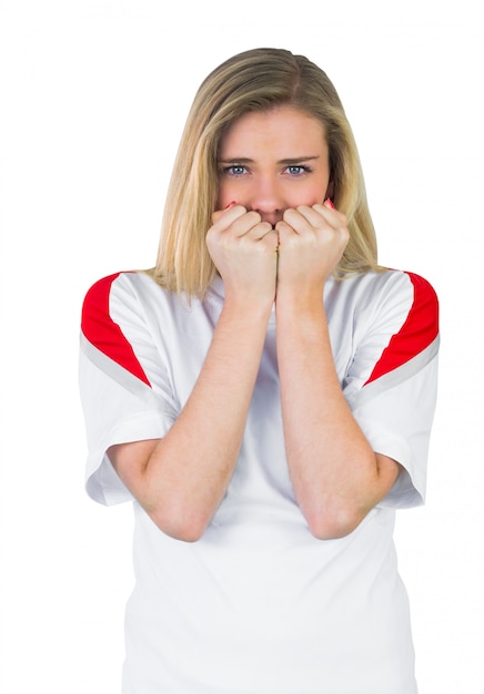 Nervous football fan in white on white background