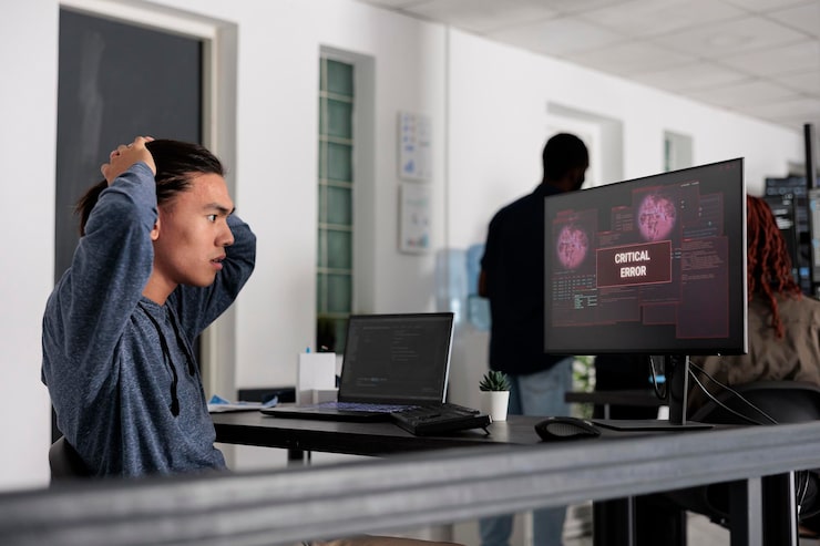 Photo nervous it programmer having security breach alert on computer display, trying to solve hacking in big data office, programmer using terminal window and having system hacked crash.