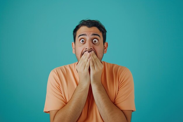 Photo nervous latin man and biting nails in studio with oops reaction on blue background mistake fake news drama or secret with regret shame or awkward