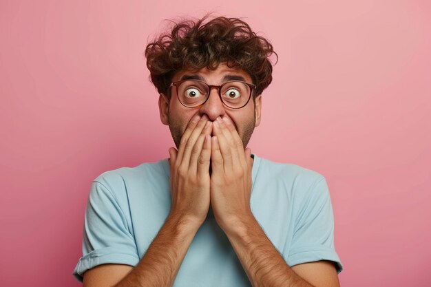 Nervous Latin man and biting nails in studio with oops reaction on pink background Mistake sorry drama or secret with regret shame or awkward