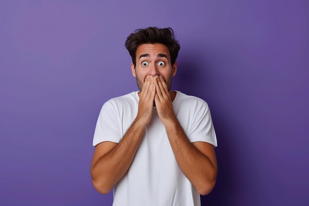 Nervous Latin man and biting nails in studio with oops reaction on purple background Mistake sorry drama or secret with regret shame or awkward