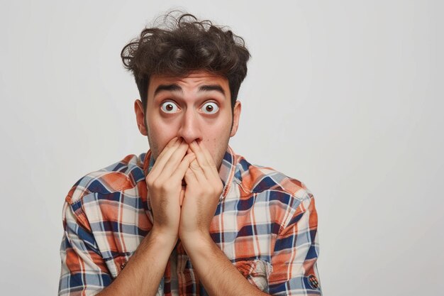 Nervous Latin man and biting nails in studio with oops reaction on white background Mistake sorry drama or secret with regret shame or awkward