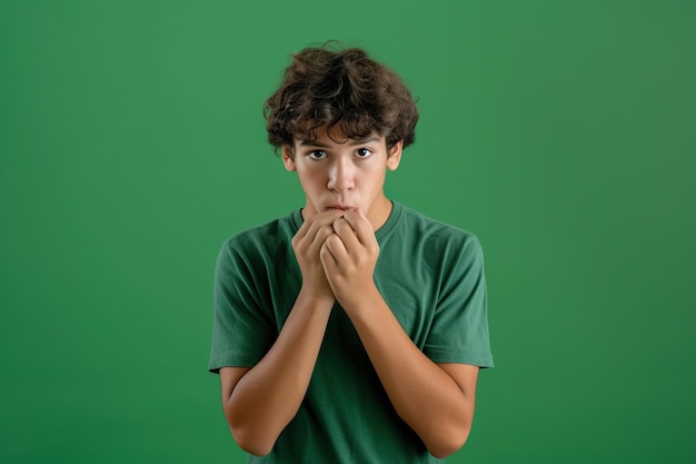 Photo nervous latin teenage boy and biting nails in studio with oops reaction to gossip on green background mistake sorry drama or secret with regret shame or awkward