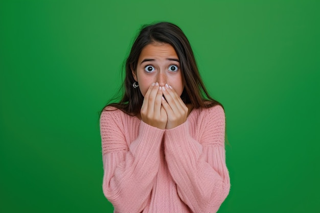 Photo nervous latin teenage girl and biting nails in studio with oops reaction to gossip on green background mistake sorry drama or secret with regret shame or awkward