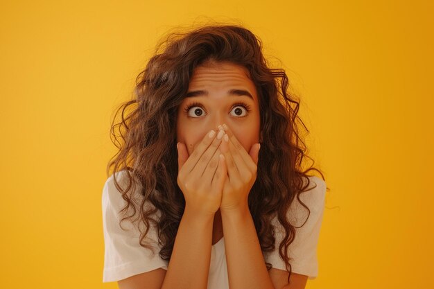 Photo nervous latin woman in studio with oops reaction to gossip on yellow background mistake sorry and female overwhelmed by fake news