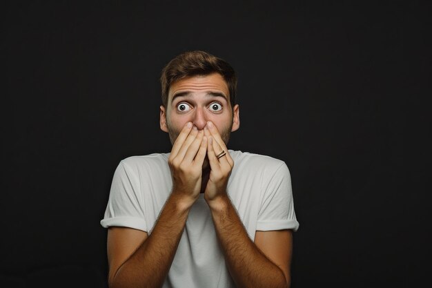 Nervous man and biting nails in studio with oops reaction to gossip on black background Mistake sorry fake news drama or secret with regret shame or awkward