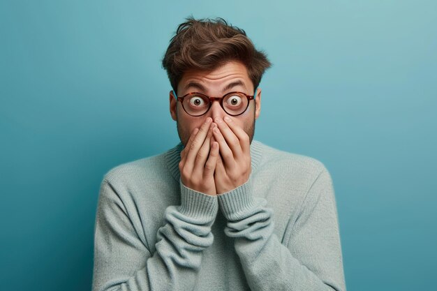 Nervous man and biting nails in studio with oops reaction to gossip on blue background Mistake sorry fake news drama or secret with regret shame or awkward