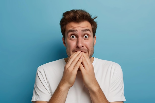 Nervous man and biting nails in studio with oops reaction to gossip on blue background Mistake sorry fake news drama or secret with regret shame or awkward