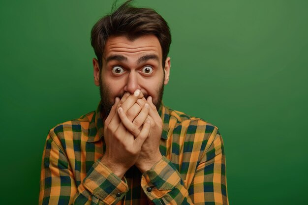 Nervous man and biting nails in studio with oops reaction to gossip on green background Mistake sorry fake news drama or secret with regret shame or awkward