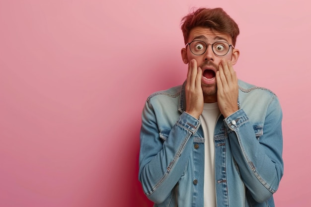 Nervous man and biting nails in studio with oops reaction to gossip on pink background Mistake sorry fake news drama or secret with regret shame or awkward